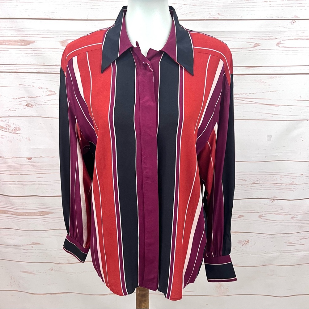 Vintage Y2K Burberry Striped Silk Button Front Collared Blouse - Picture 3 of 9